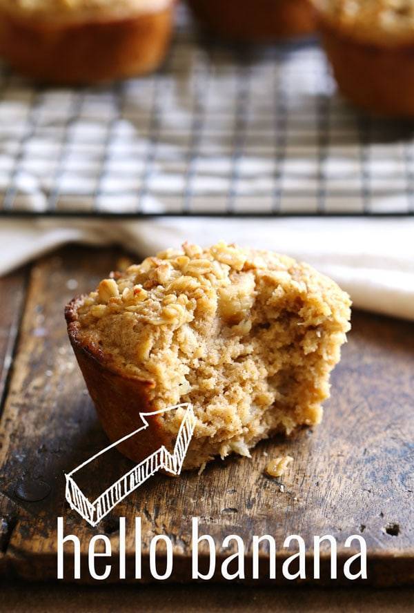 Caramelized Banana Oat Muffin with a bite taken out.