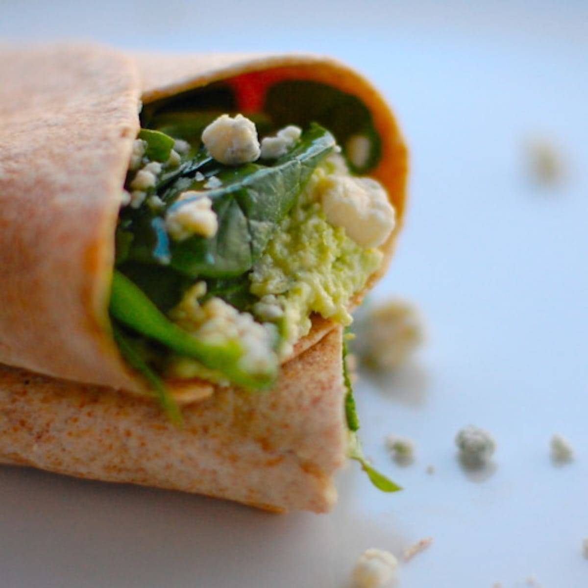 Whole wheat vegetarian wrap with edamame hummus.