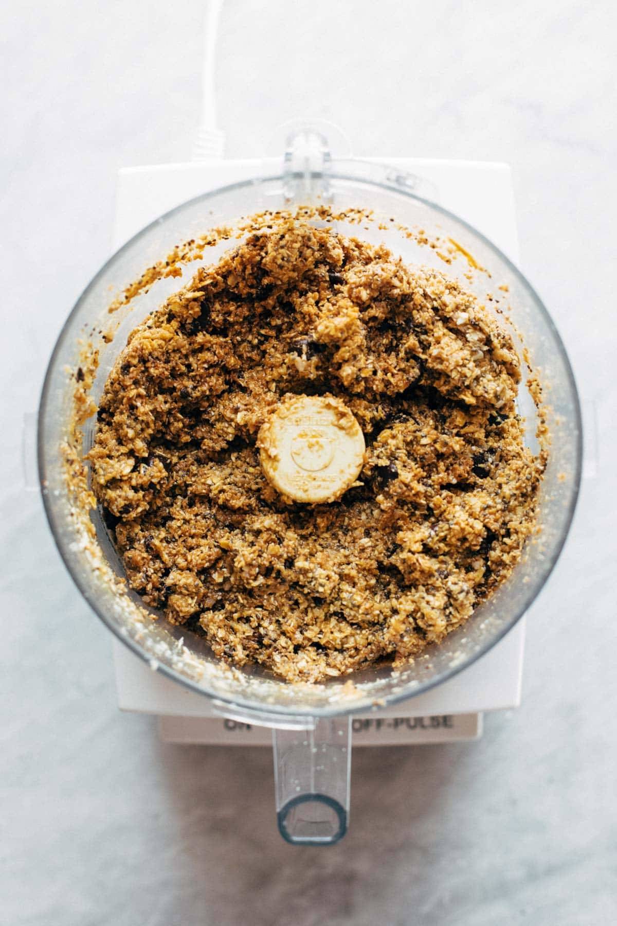 Ingredients for Cookie Dough Energy Bites blended in food processor.