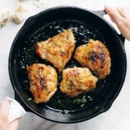 Honey Lemon Chicken in a cast iron pan.