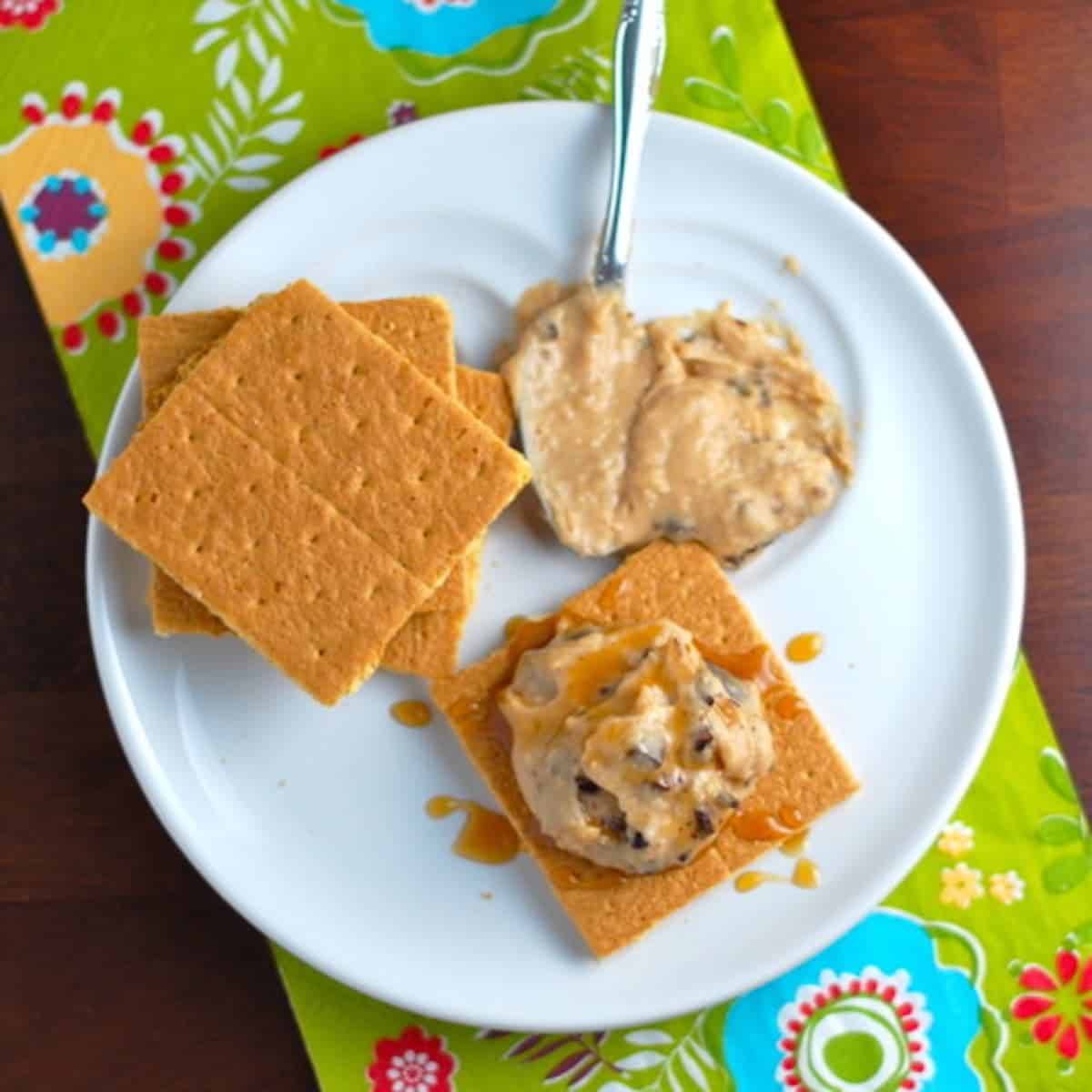 Peanut butter dark chocolate hummus on a plate with graham crackers.
