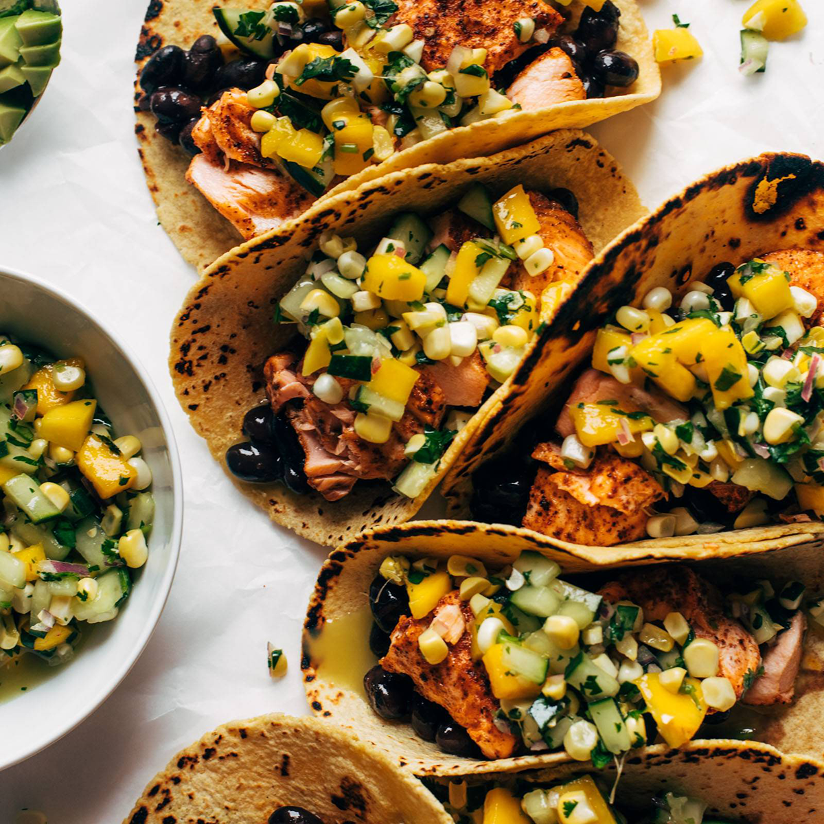 Salmon tacos with corn salsa.